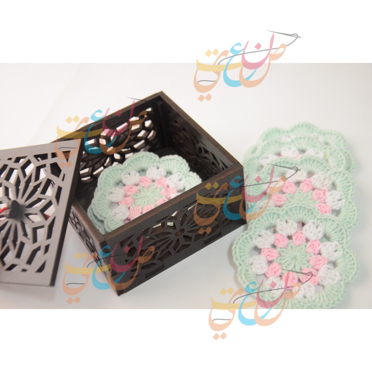 Crochet Coaster Set of 6 Pieces with High Quality wooden Box | Item No. 003