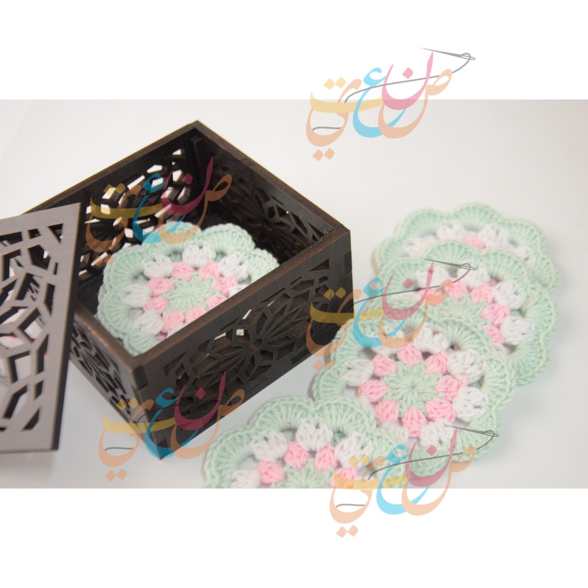 Crochet Coaster Set of 6 Pieces with High Quality wooden Box | Item No. 003