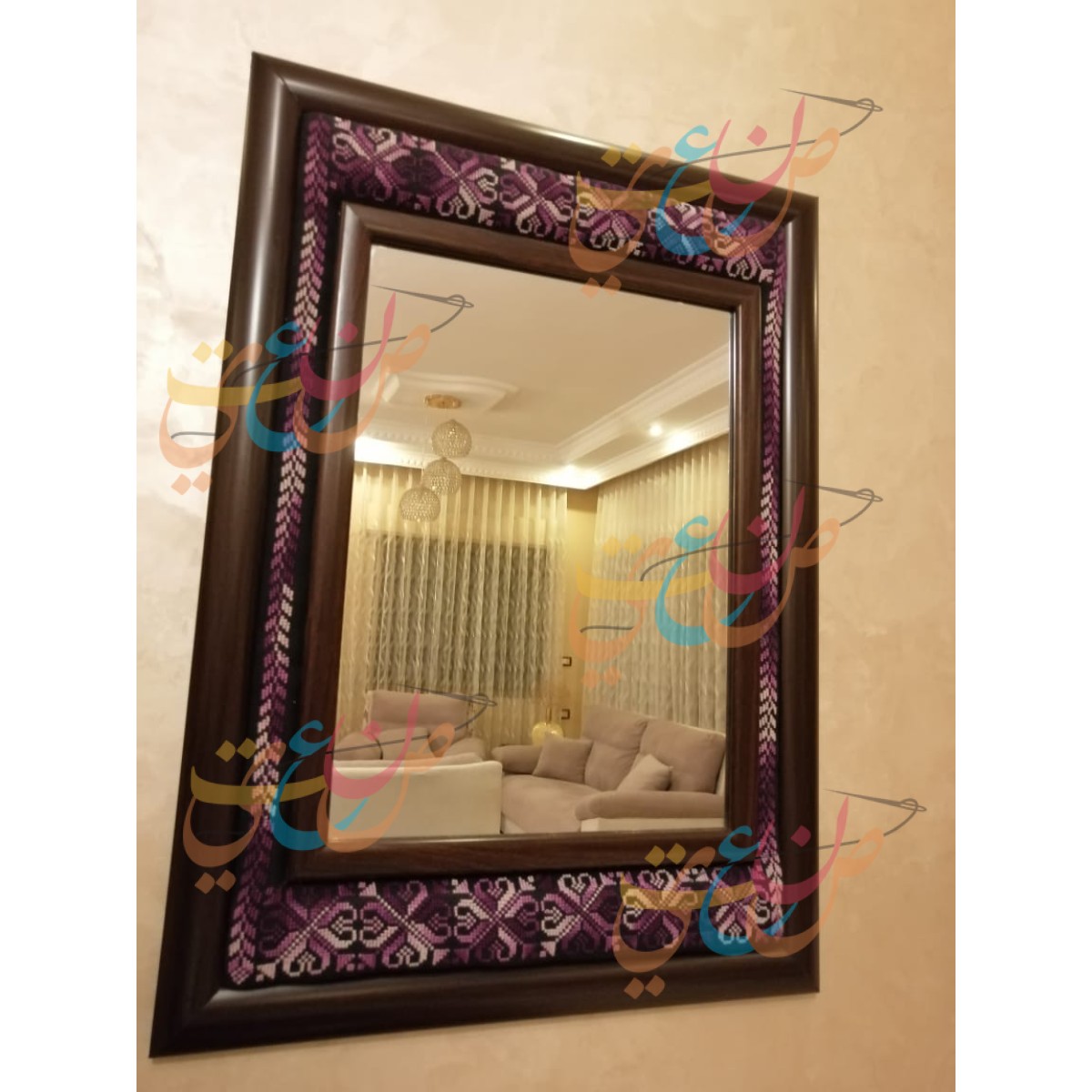 Wooden Mirror Inside Embroidered Wooden Hanging Frame |purple color