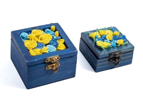 Wooden Box with Colored Ceramic Flowers | Blue Color | Set of 2 Boxes