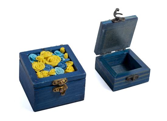 Wooden Box with Colored Ceramic Flowers | Blue Color | Set of 2 Boxes