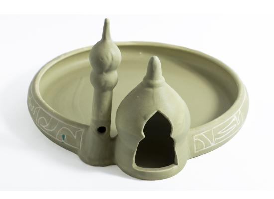 Unique Decorative Pottery Plate | Ramadan Eid Dessert Plates |With A Minaret for Candle | Green Color